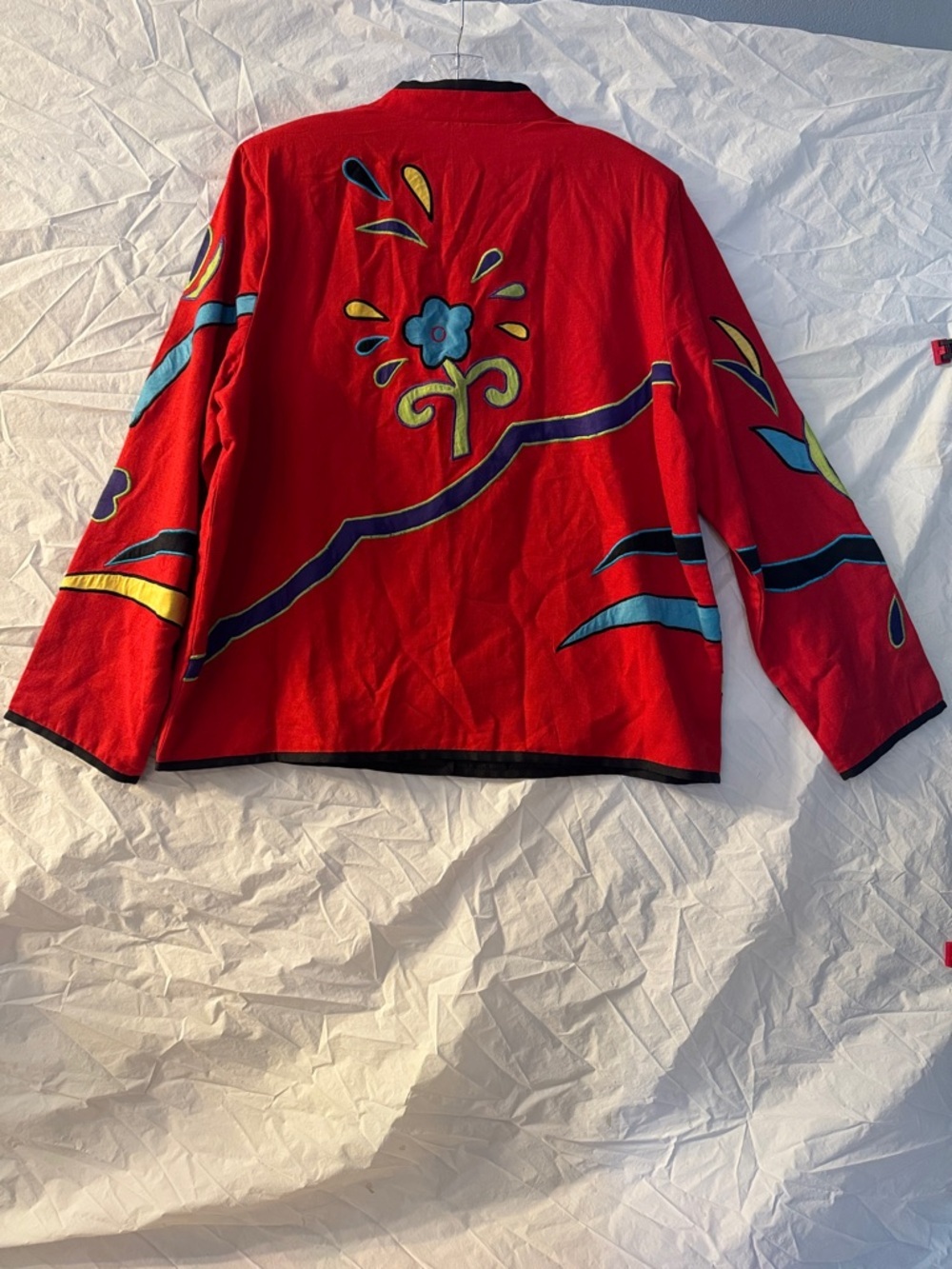 Vintage Art Teacher Eclectic Bright Red Floral Embroidered Cardigan Jacket - Picture 6 of 6